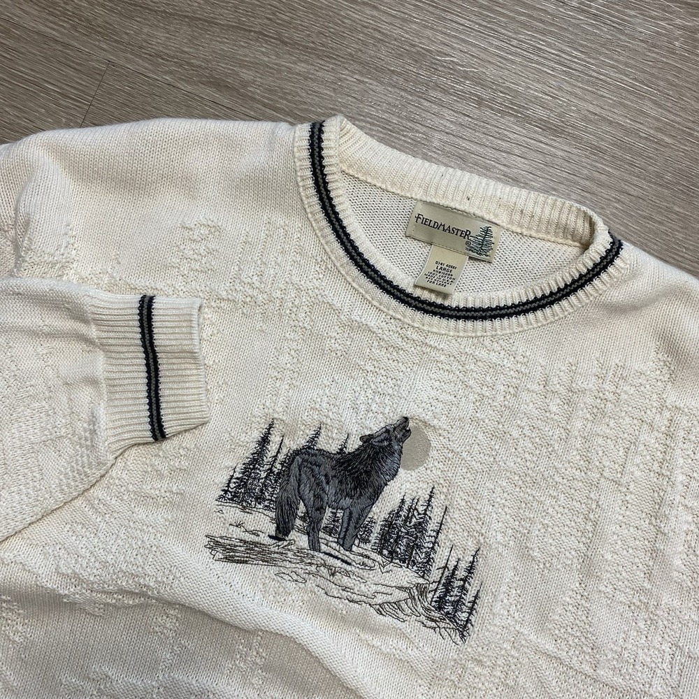 Vintage Fieldmaster Embroidered Wolf Sweater Men's L White USA Made Grandpa Core